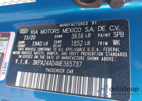 2021 Kia Rio S z USA, uszkodzony, nr VIN 3KPA24AD4ME365737